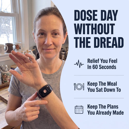 A SteadyWave customer wearing the band on the inside of her wrist: relief you feel in 60 seconds, keep the meal you sat down to, keep the plans you already made