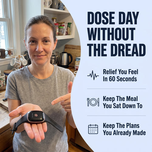 A SteadyWave customer holding the band: relief you feel in 60 seconds, keep the meal you sat down to, keep the plans you already made