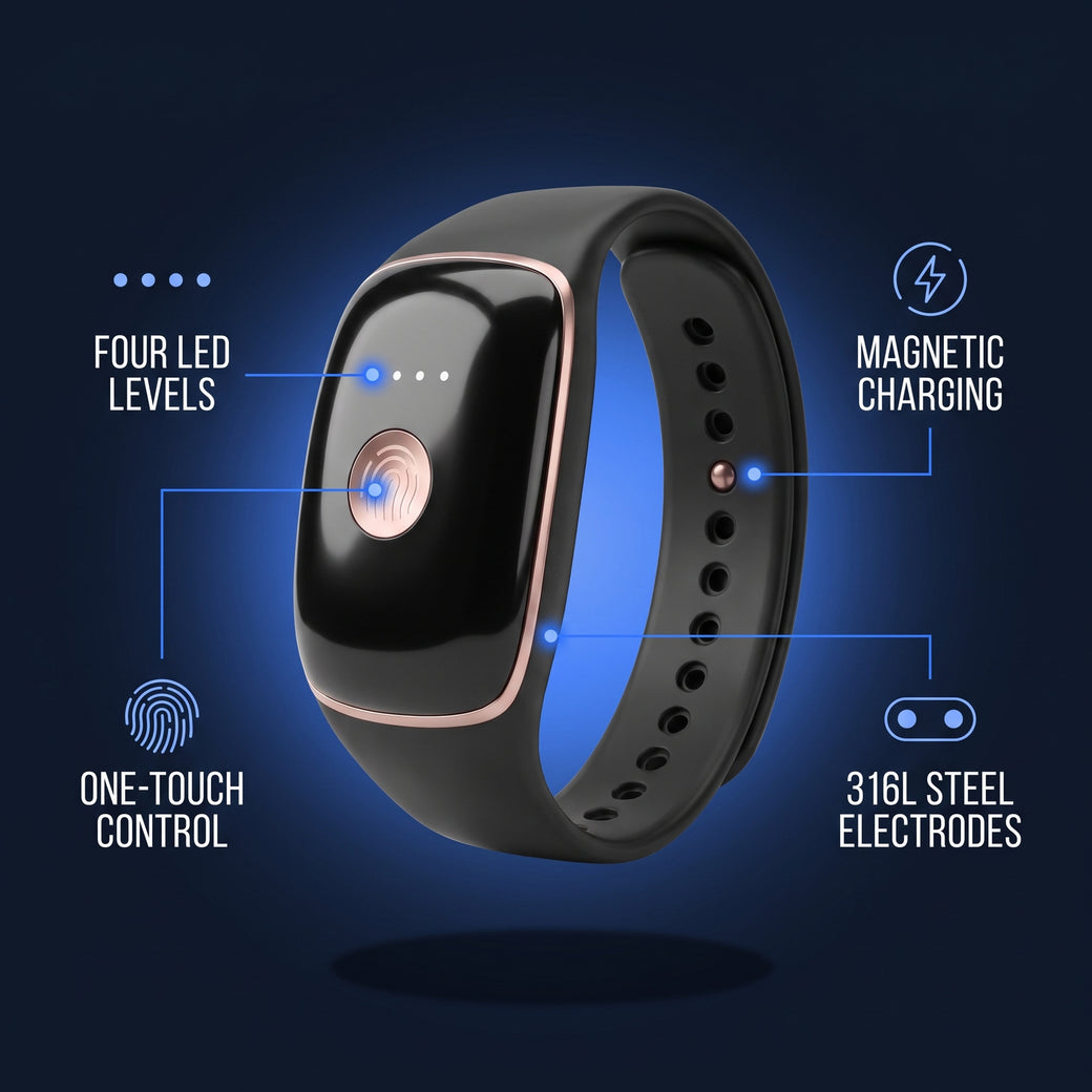 The SteadyWave band showing its button, level lights and steel contacts